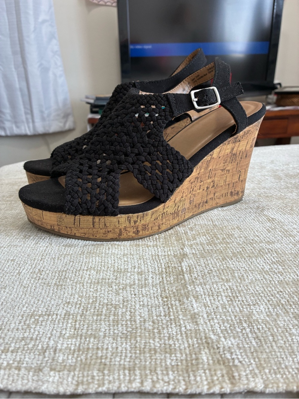 SO Black Braided Cork Wedge Sandals